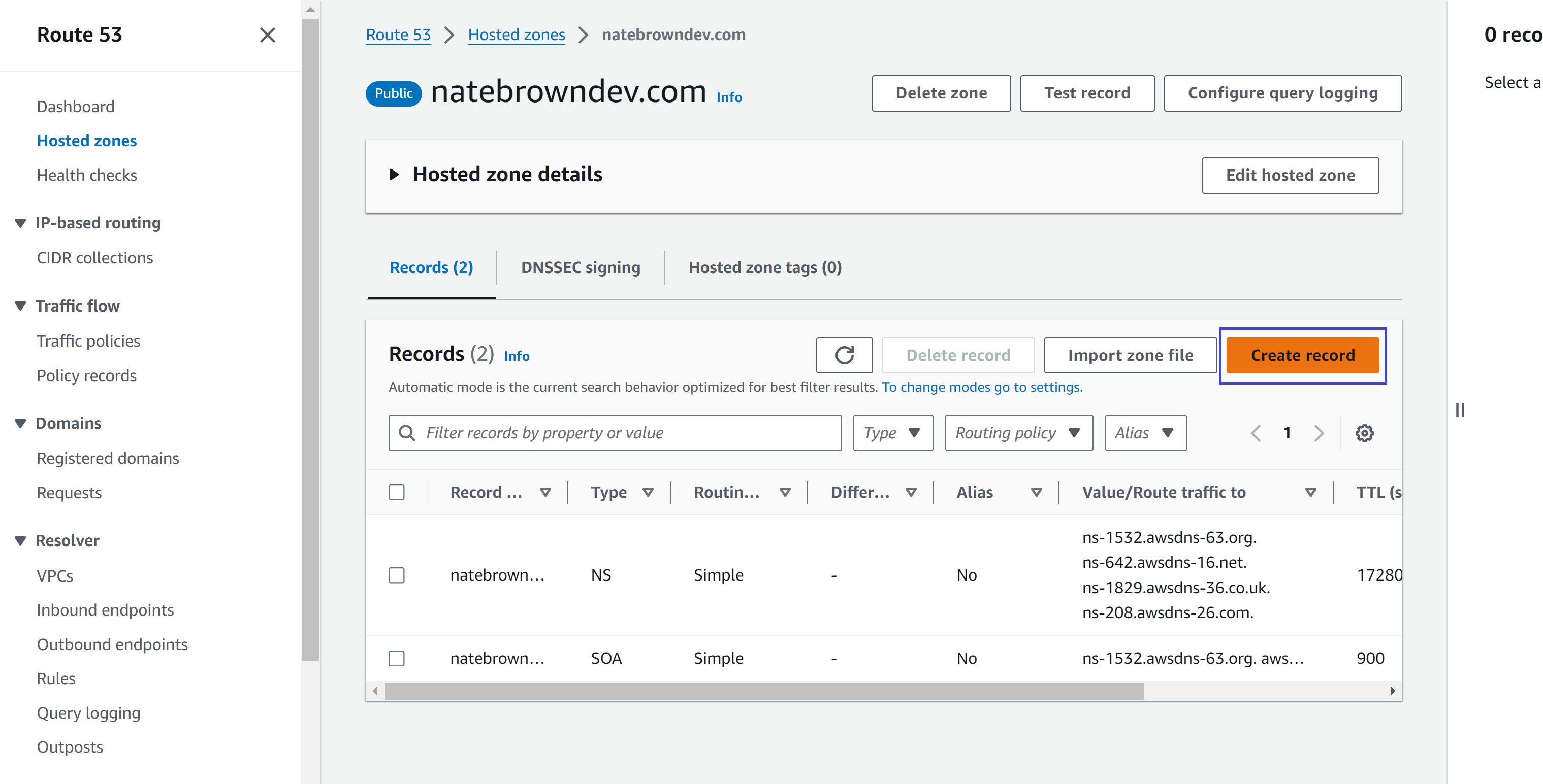 picture of adding an A record to a Route 53 domain